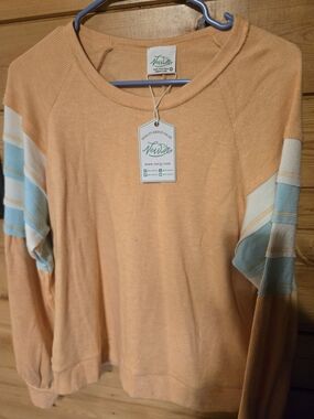 Very J Peach Sweatshirt with Striped Sleeve Detail